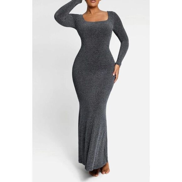 NWT Shapellx women’s long sleeve, maxi, shaping glittery gray dress S/XL - Picture 1 of 7